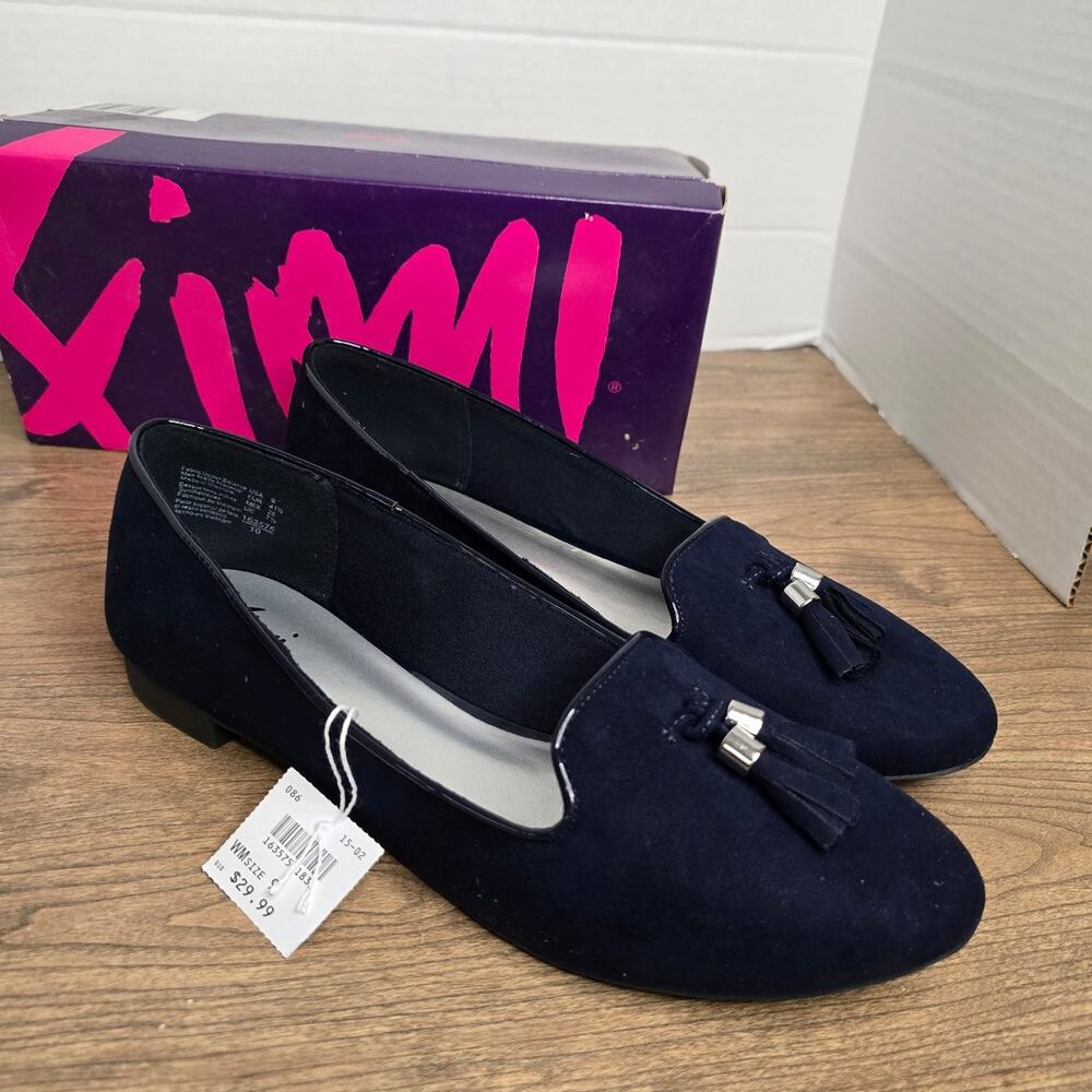 Fioni suede feel navy blue loafers with decorative tassels sz 9 NWT